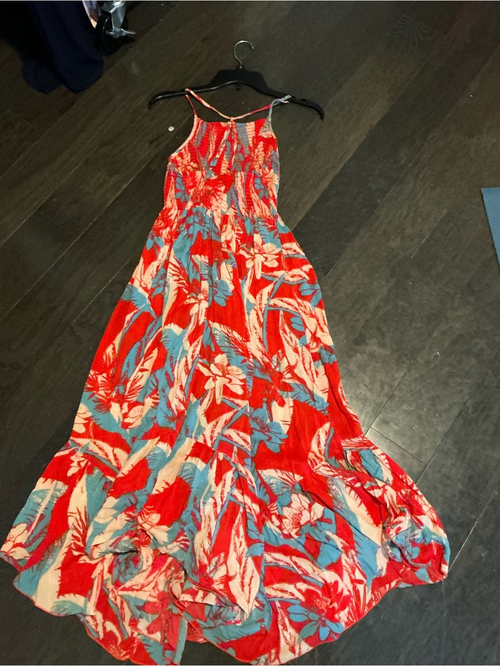 Red Tropical-Print Maxi Dress with Blue and Cream Accents